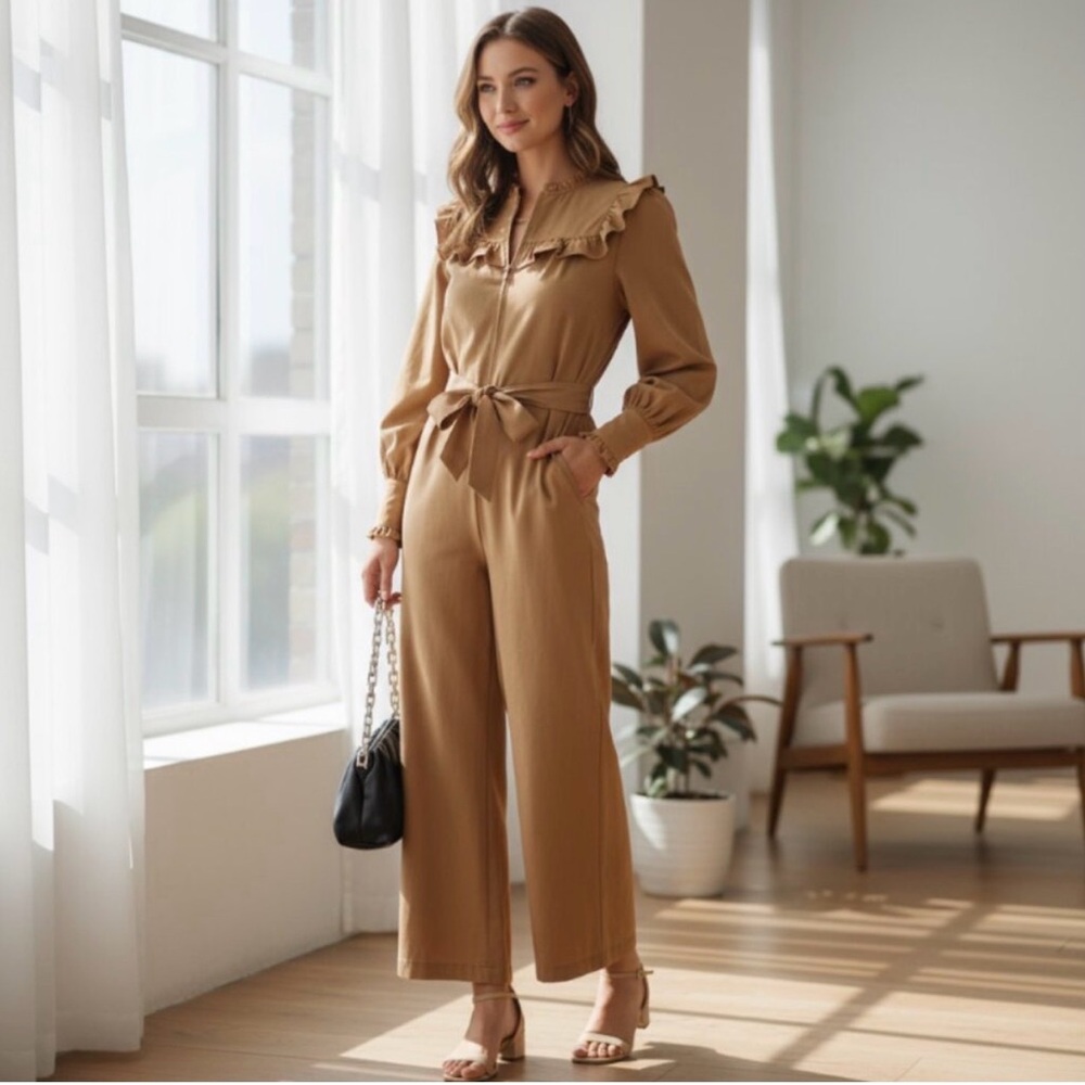 NWT Storia Anthropologie Nellie Camel Ruffle Collar Tie-Waist Jumpsuit $128